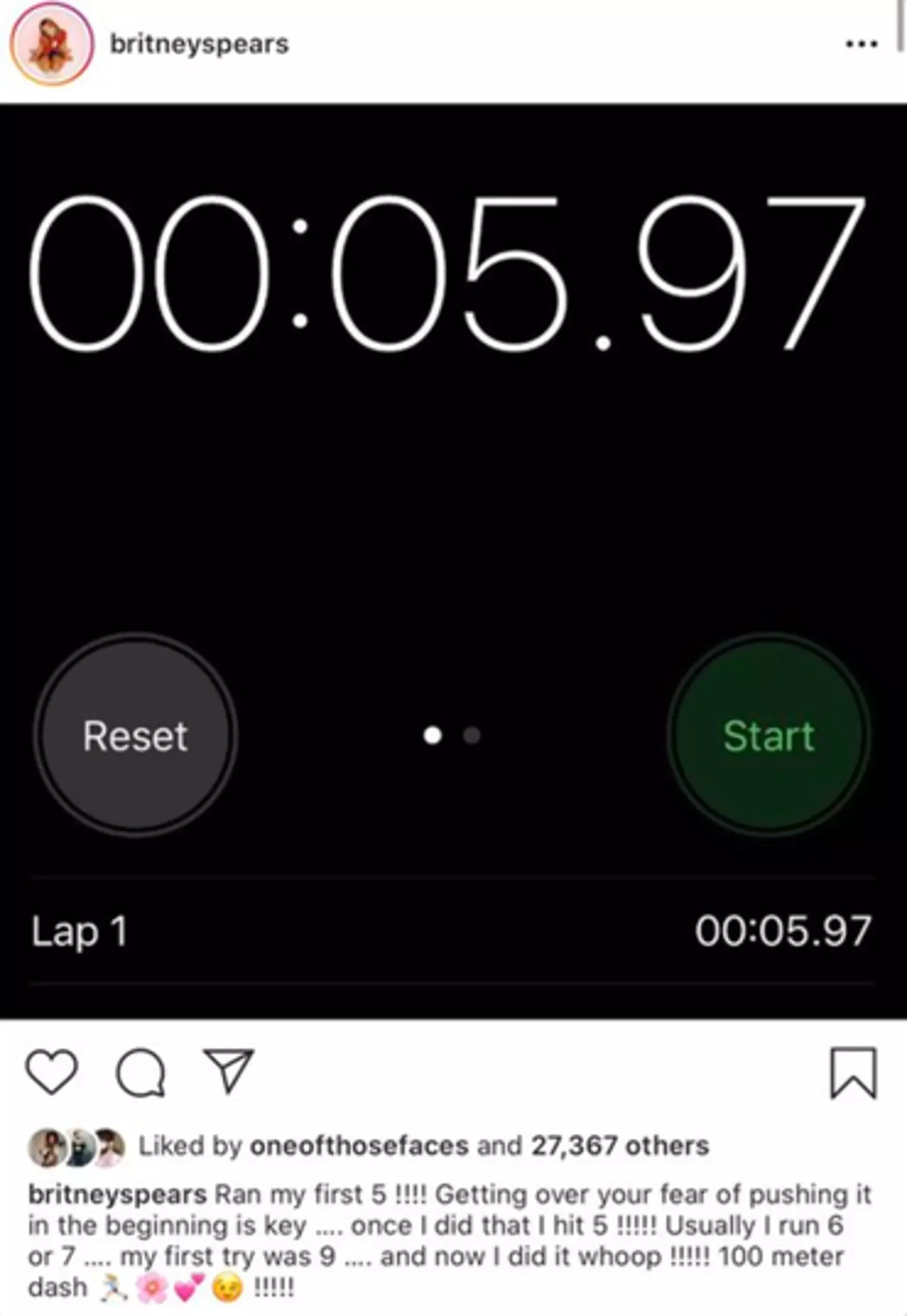 Her time of 5.97 seconds would've easily beaten a world record (Britney Spears/Instagram)