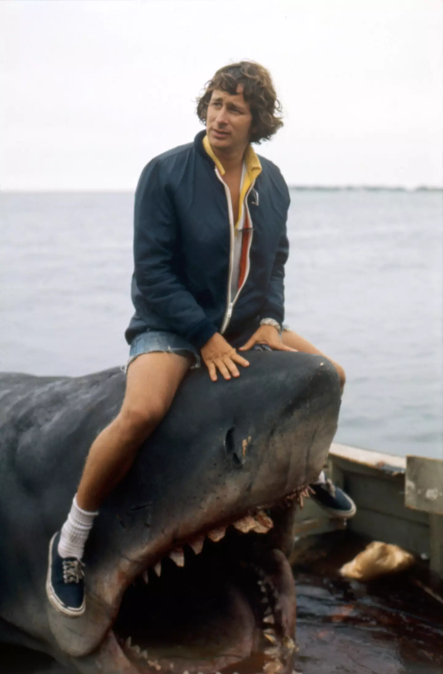 Spielberg mounting a fake shark on the set of Jaws.