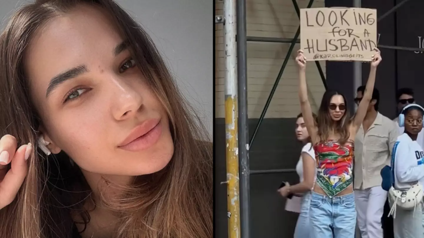 Woman sick of dating apps takes to streets with cardboard 'looking for a husband' sign