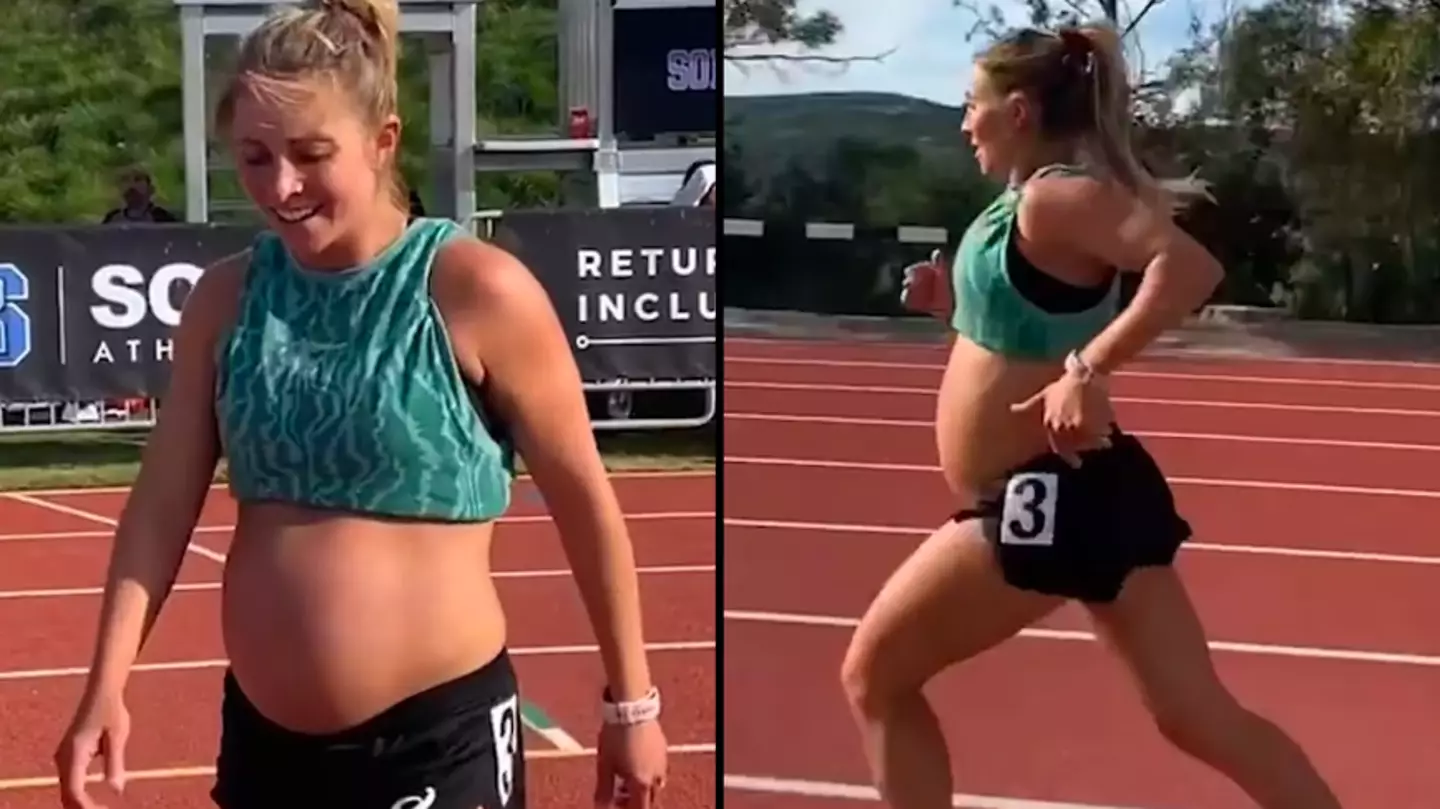 Woman who is nine months pregnant shocks onlookers as she runs a five-minute mile