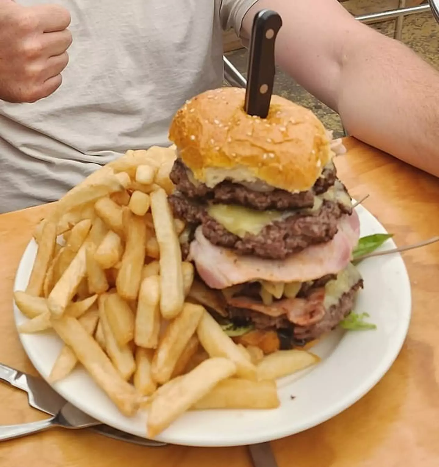 To take on the challenge, you need to eat a whopping $45 'Double Stacka' chicken parmigiana, or a $45 five-patty 'Quintuple G-Rodge burger' or the $50 1kg rump steak with a serving of salad and chips.