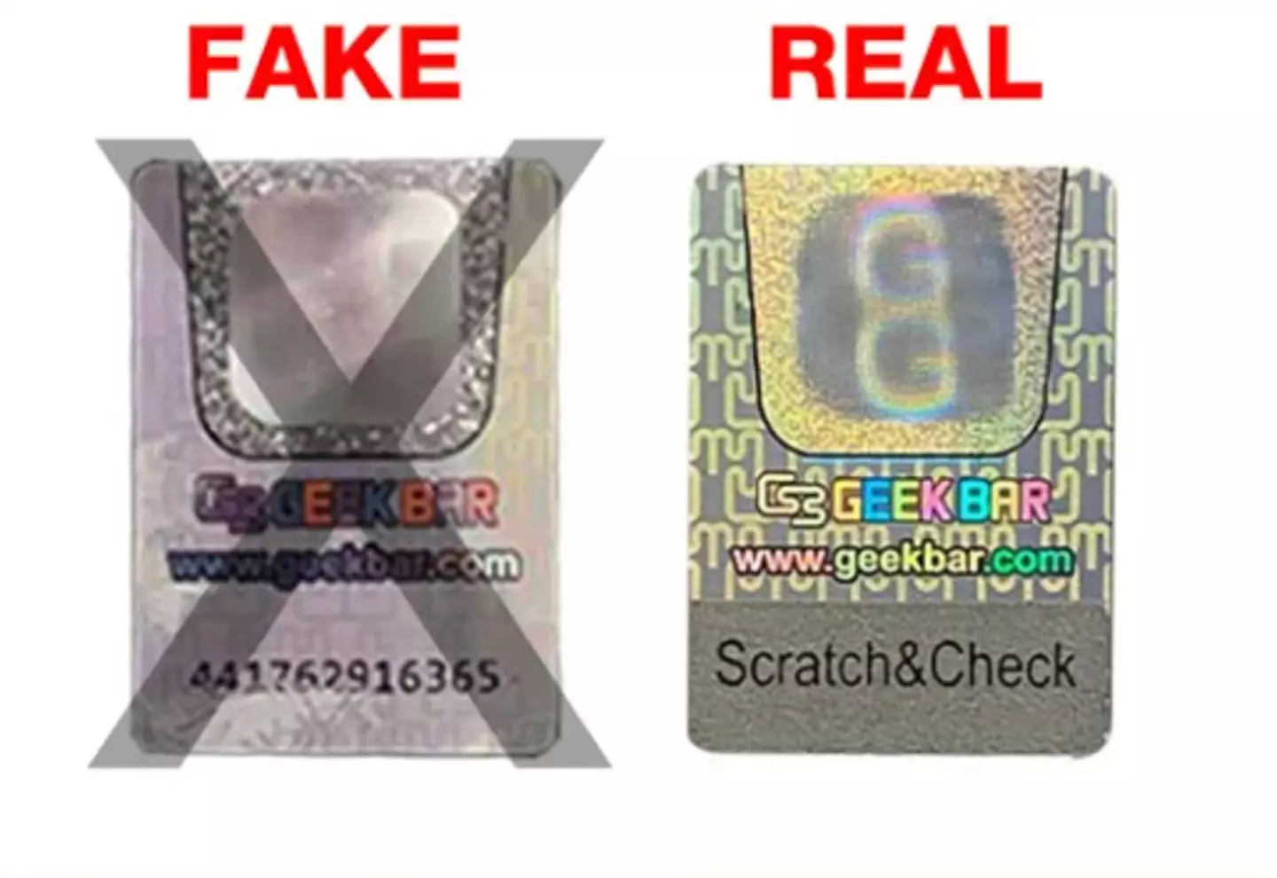 Fake vs real holographic stickers.