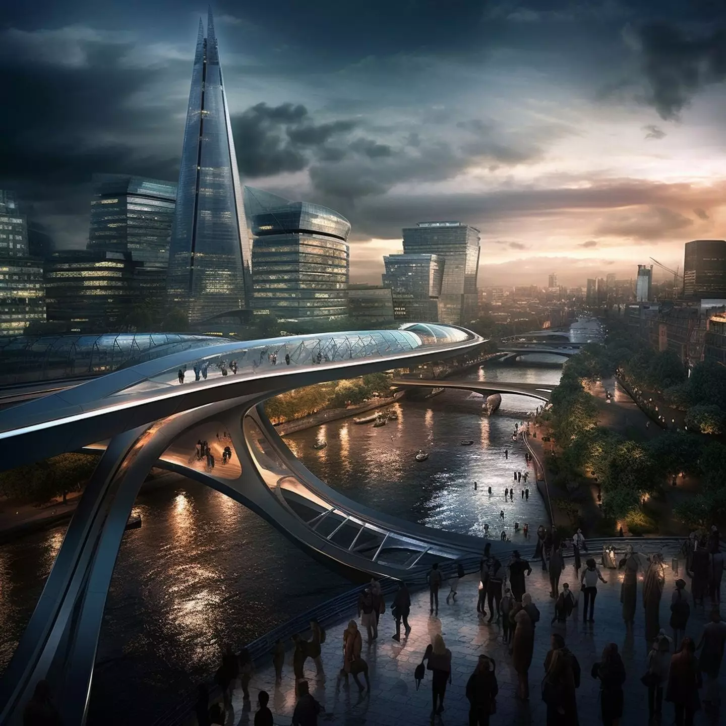 AI predicts a stunning 'walking only' bridge in London in 2050.