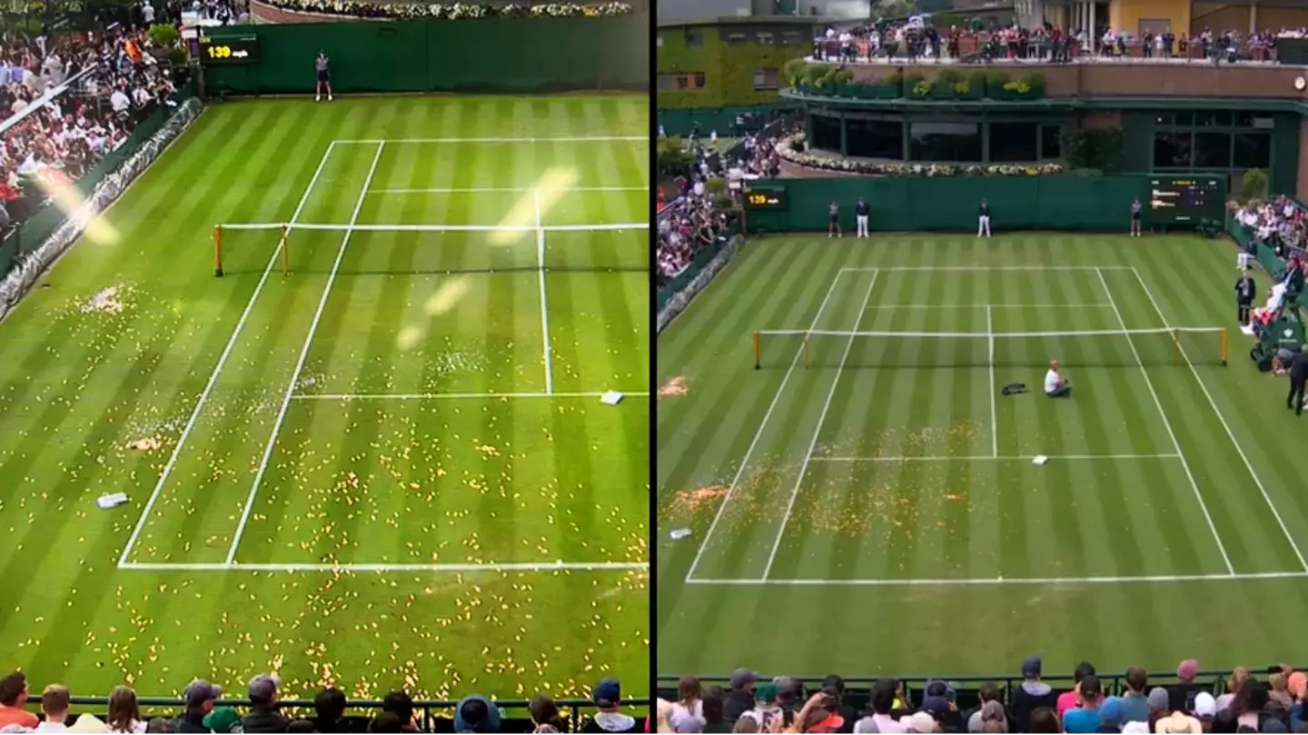 Wimbledon game suspended after Just Stop Oil run onto court and cover it in confetti