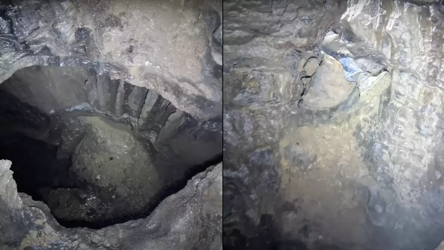 Cave explorers have to rely on insane leap of faith to cover massive chasm below