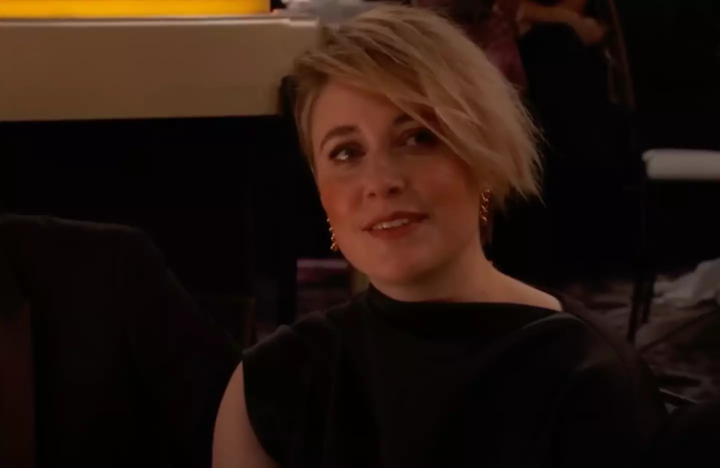 The camera panned to Greta Gerwig during the cringeworthy moment (CBS)