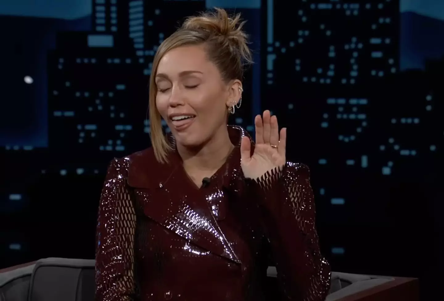 Miley Cyrus, 33, became visibly sickened by the mere mention of paper (YouTube/Jimmy Kimmel Live!)