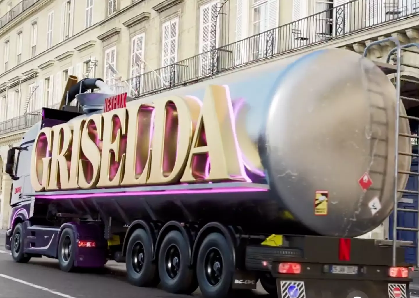 The lorry had the name of the show plastered across the side in this odd stunt.