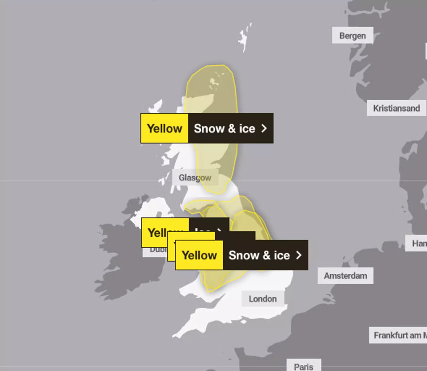 The Met Office has issued a yellow weather warning after 2,500 people have been left without electricity.
