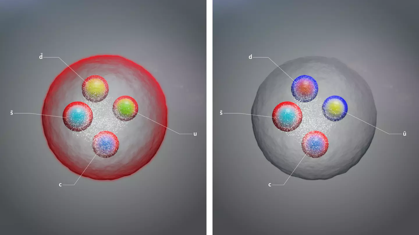 The two new tetraquarks, illustrated here as single units of tightly bound quarks.
