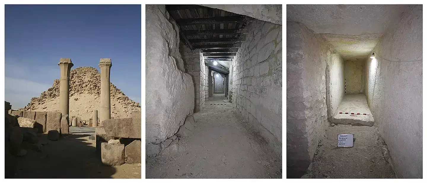 Sahure's pyramid as it looks from the outside, a passage strengthened with steel beams so it doesn't collapse and one of the hidden storerooms.