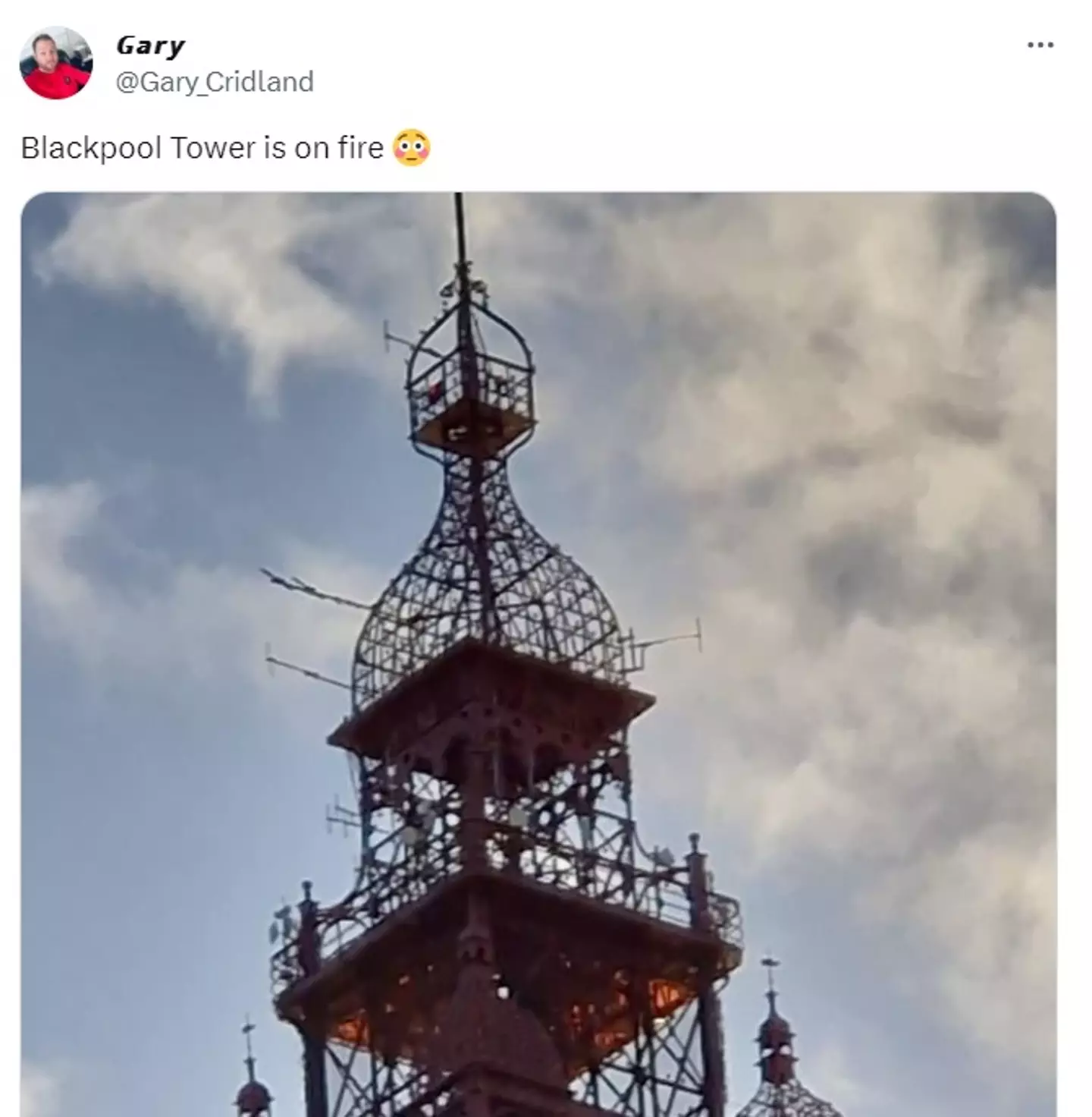 Blackpool locals have posted pictures of the top of the tower on fire.