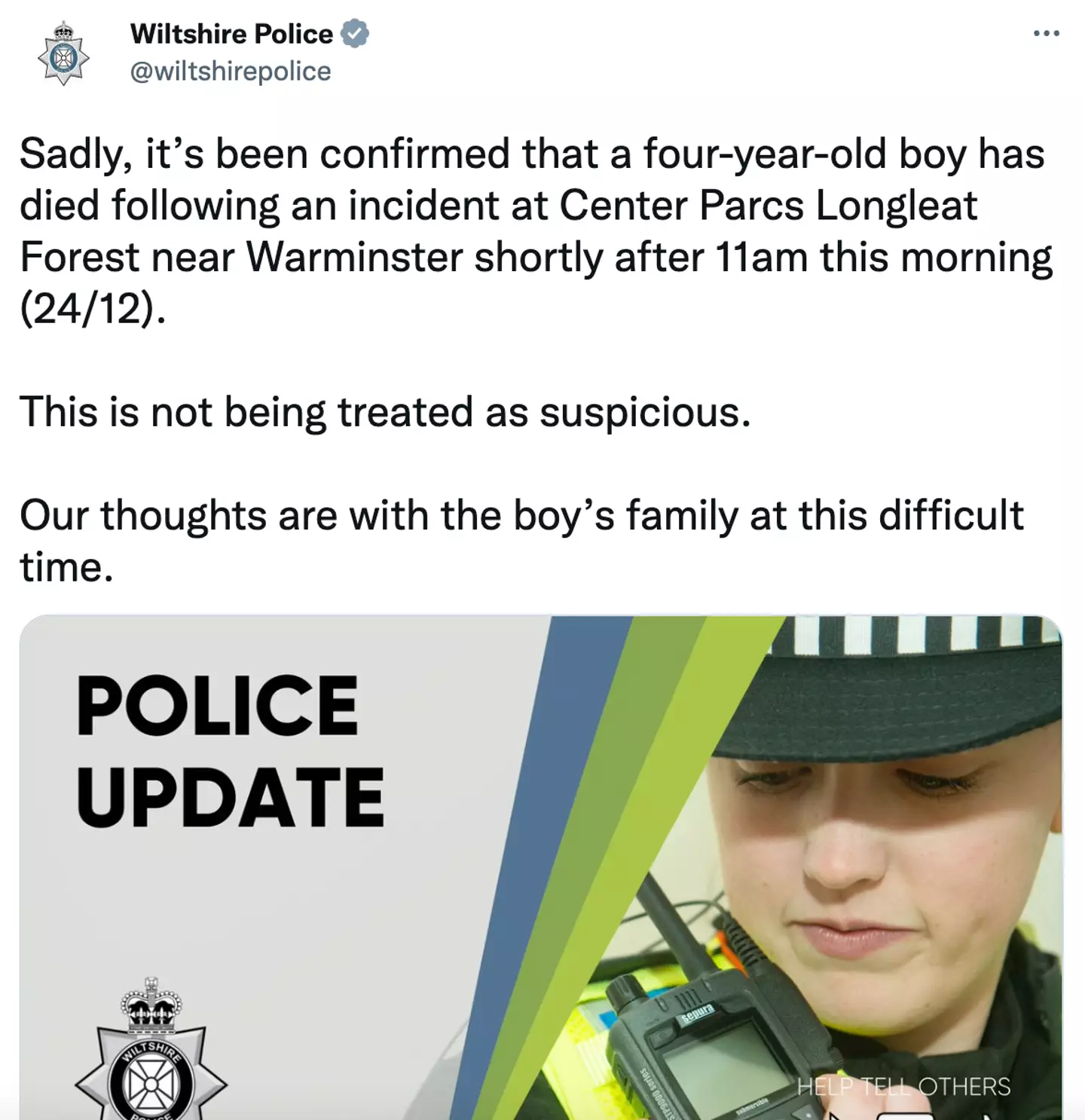 Wiltshire Police confirmed the boy died after the incident.