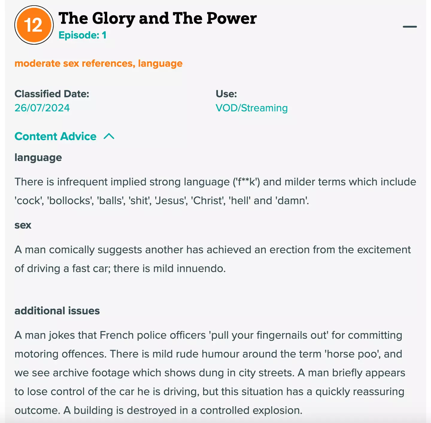 The warning for episode one of The Not Very Grand Tour (bbfc)