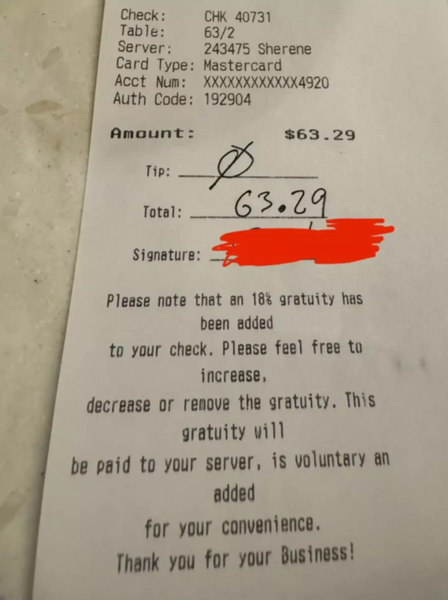 The customer decided not to leave a tip.