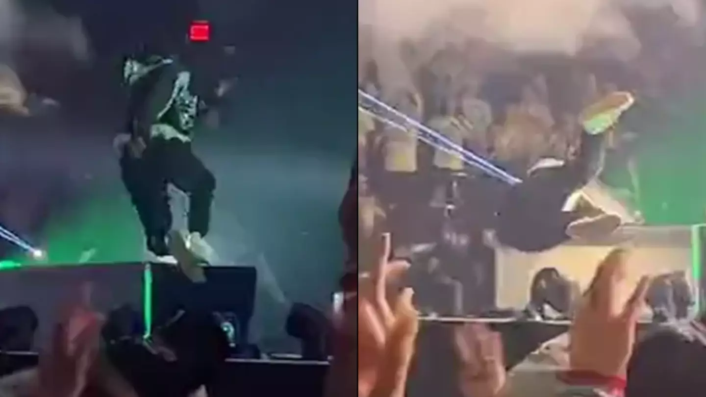 Twenty One Pilots frontman Tyler Joseph slips over a drumstick onstage