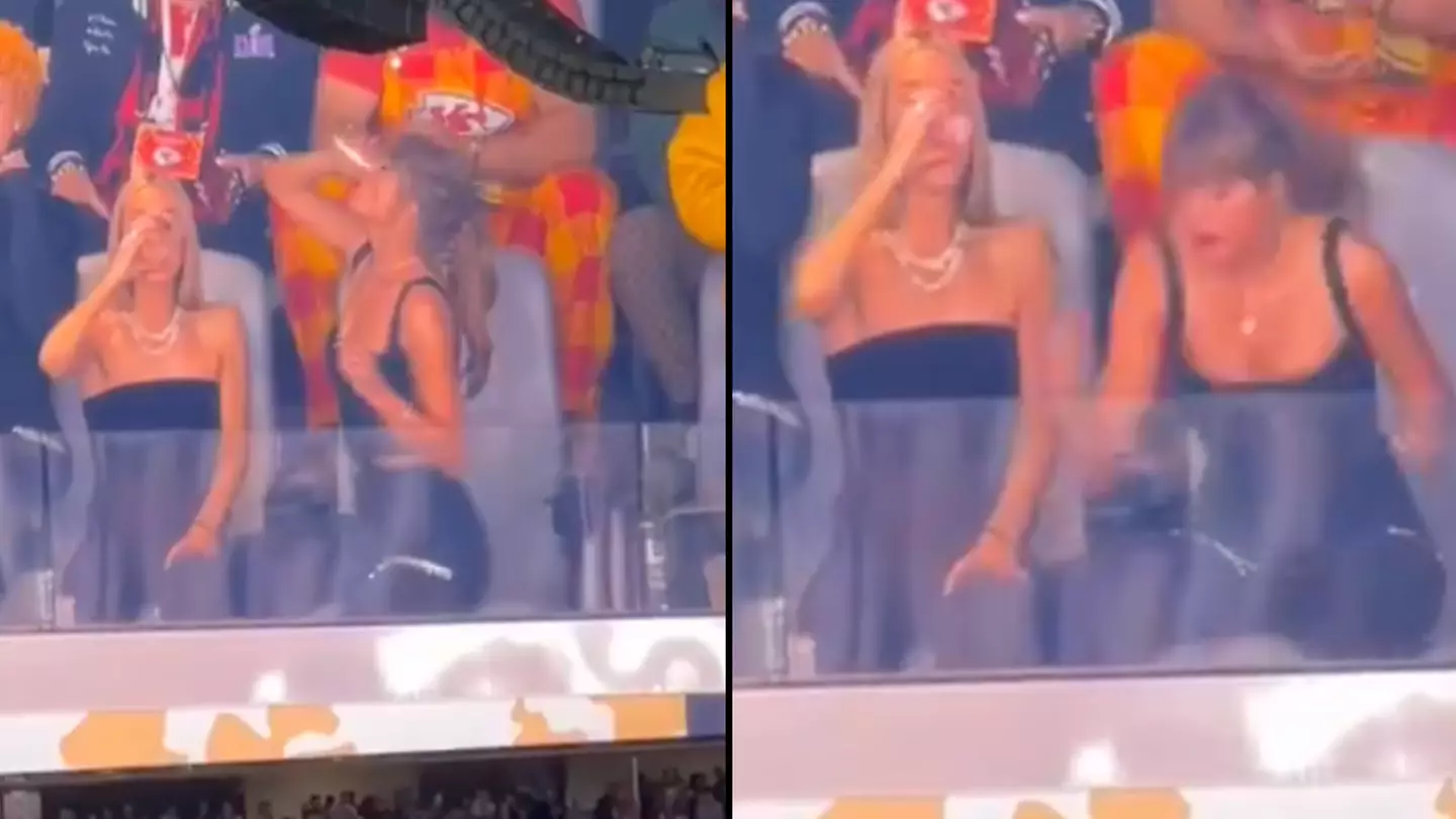 Taylor Swift downs beer as crowd cheers her on during Super Bowl