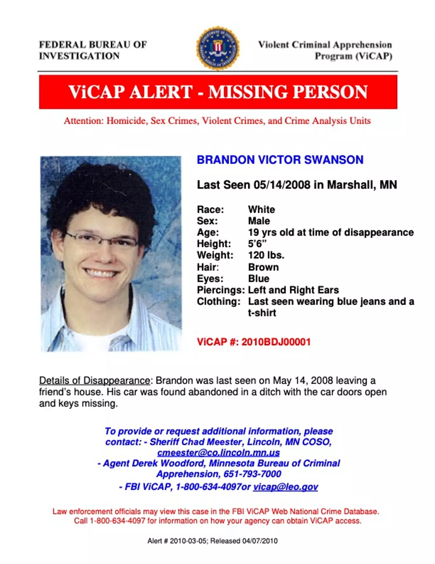A missing poster for Brandon Swanson (National Center for Missing and Exploited Children)