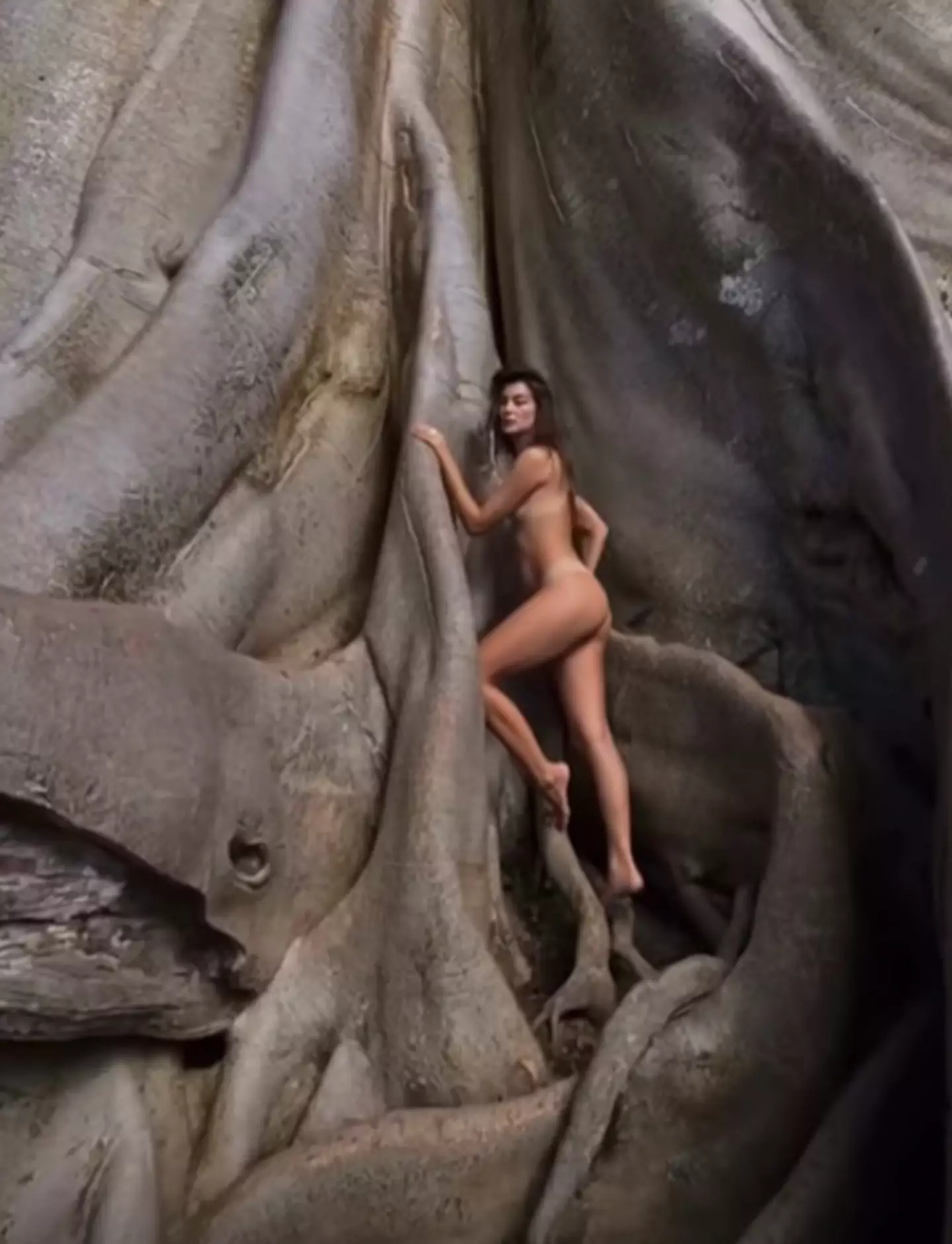 Alina posing naked on an ancient tree considered sacred in Bali, in May, 2022.