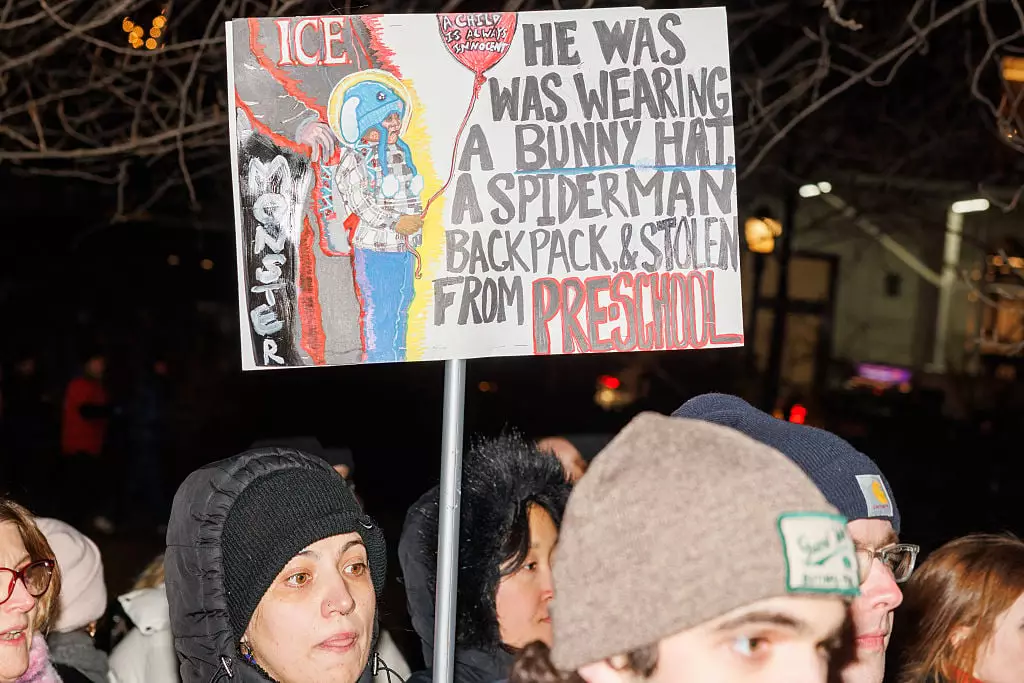 The image of Liam in his blue hat and Spider-Man backpack has been put on placards by protesters (Jason Alpert-Wisnia / Hans Lucas / AFP via Getty Images)