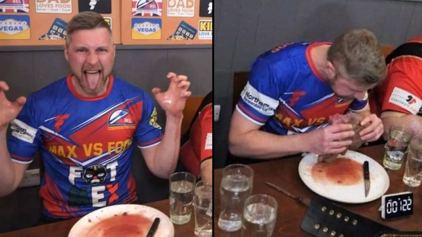 Bloke is left covered in blood after demolishing huge steak in under five minutes