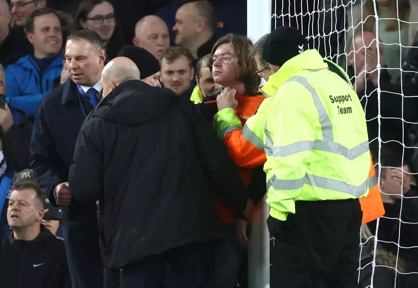 Louis McKechnie halted the Everton V Newcastle match on 17 March when he tied himself to the goal post in protest.