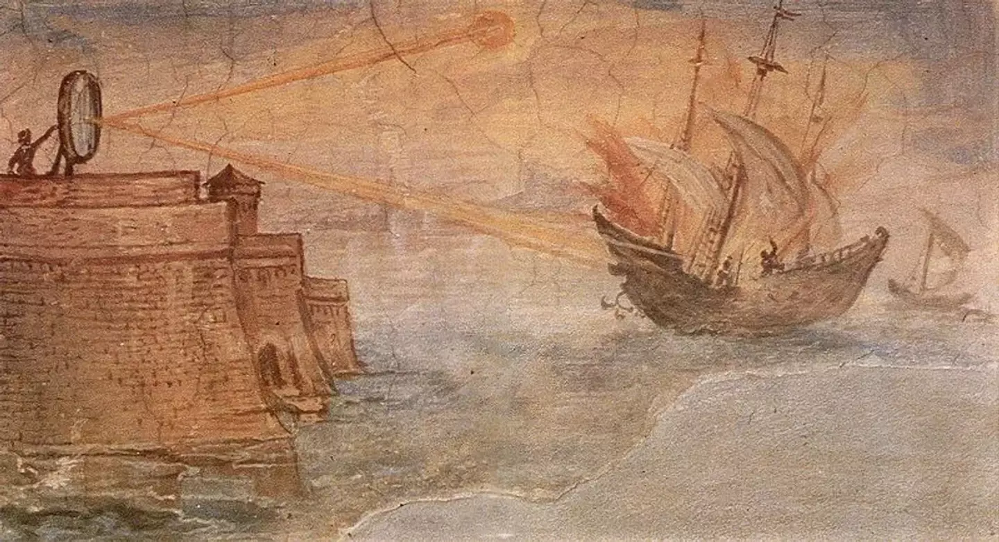 A drawing of how Archimedes’ death ray may have looked in action.
