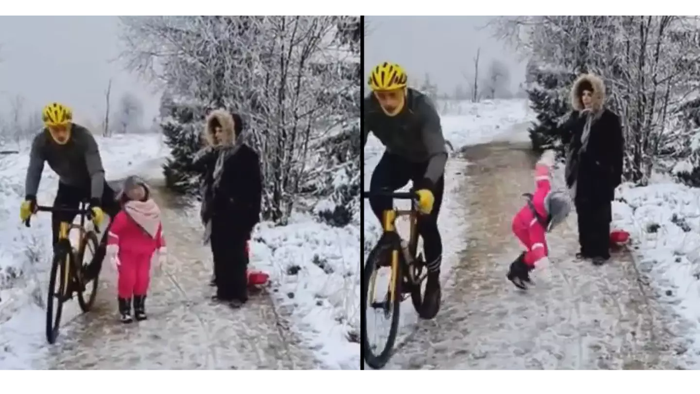 Infamous cyclist who kneed girl, 5, over in snow successfully sues her dad