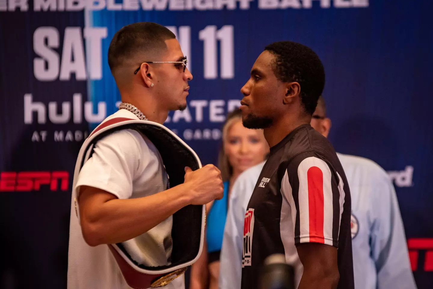 NABO Super Middleweight title holder Edgar Berlanga and opponent Roamer Alexis Angulo before their bout where Berlanga tried to bite his opponent's ear.