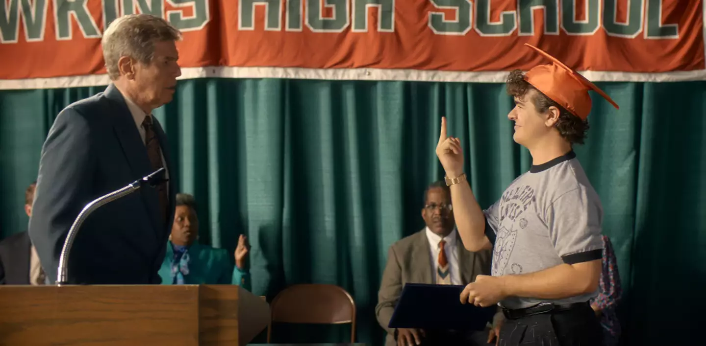He flips off the principal at the end of his iconic speech (Netflix)