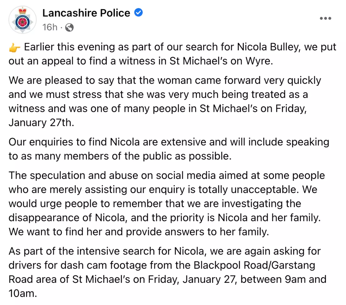 The Lancashire Police released a statement to Facebook about the witness.