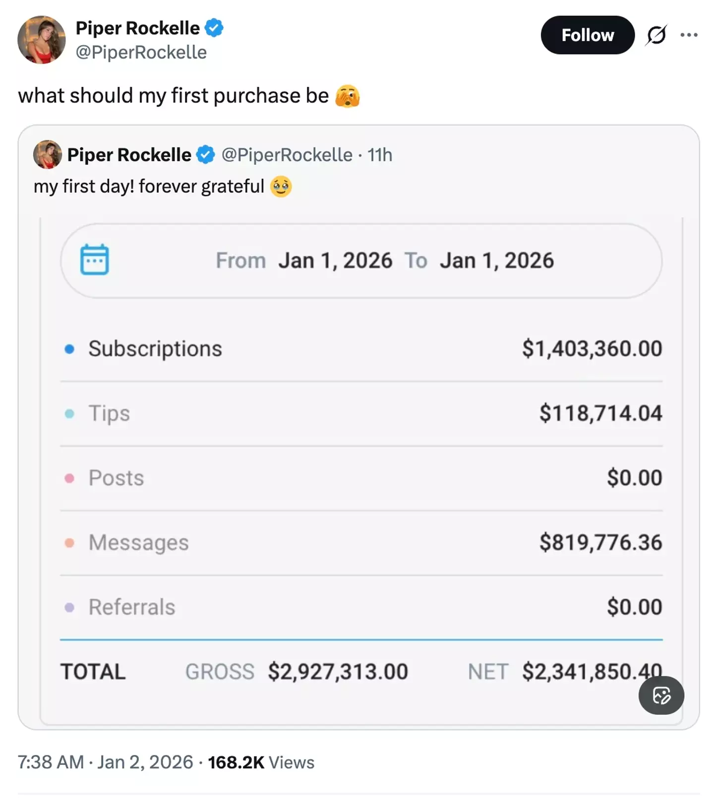 Some users accused her of photoshopping the image (@piperrockelle/X)