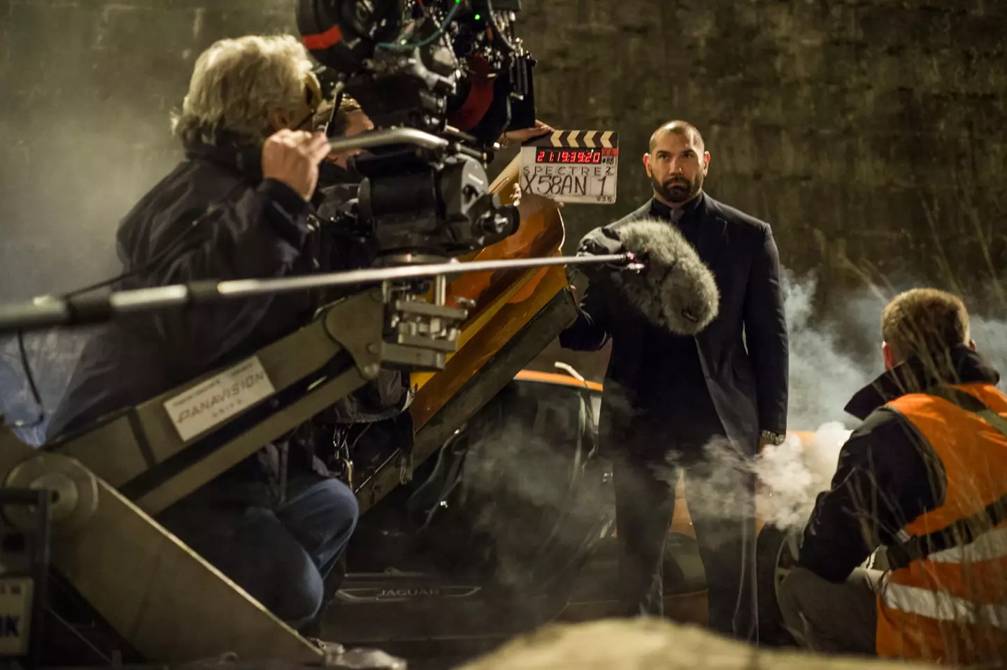 Bautista on the set of Spectre (2015).