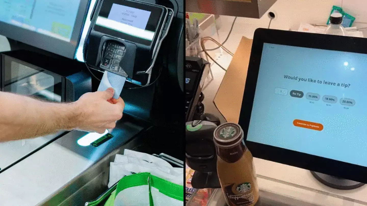 Customer shocked after self checkout till asks her for tip