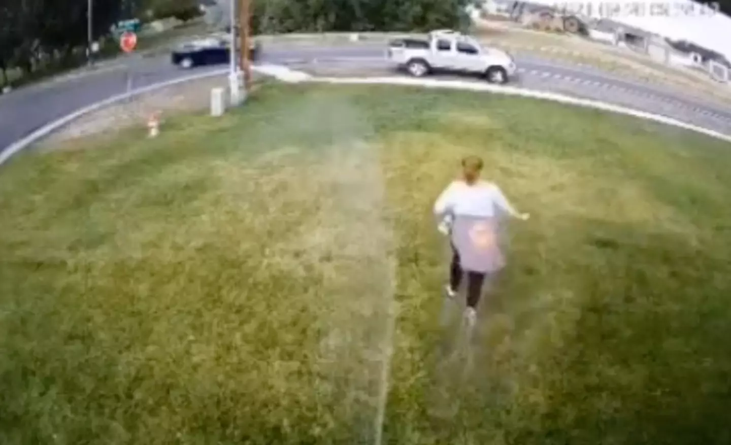 The homeowner sent people running with the sprinkler.