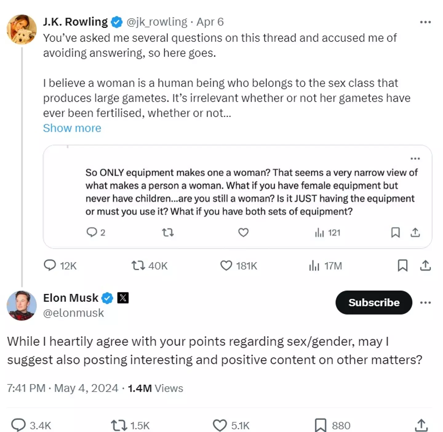 Two of the highest profile people in the world and this is what they're talking about. (X/@jk_rowling/@elonmusk)