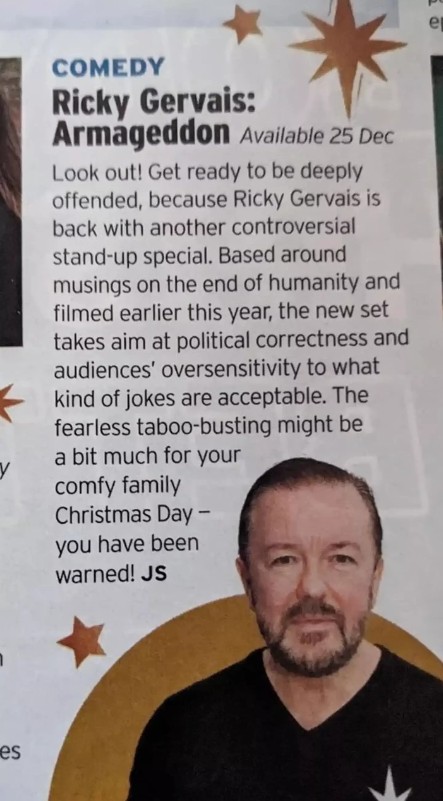 The TV magazine's listing of Gervais' show was missing certain words.