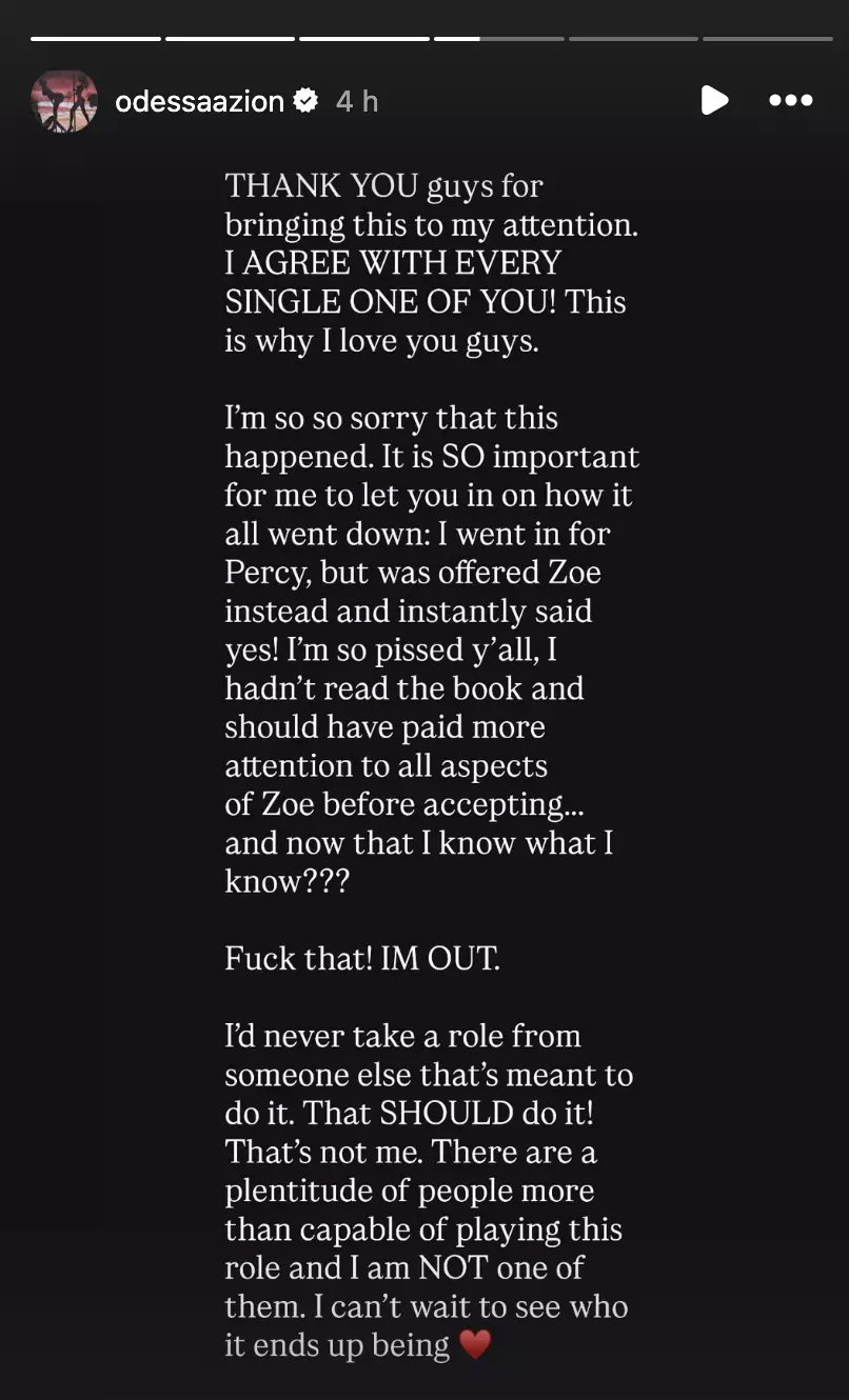 She was cast as Zoe Guttierez in the upcoming film adaptation but dropped out 48 hours after the news was released (Instagram/Odessa A'Zion)