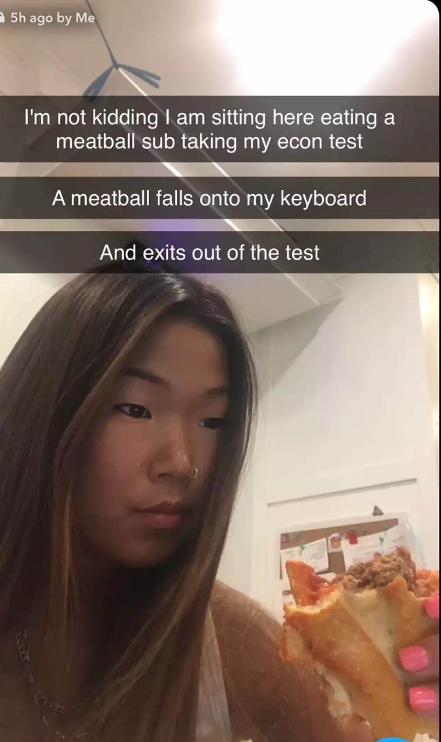 If you ever wondered whether you should eat meatballs in the middle of taking a test, here's why it's a bad idea. Twitter/Sam Lee