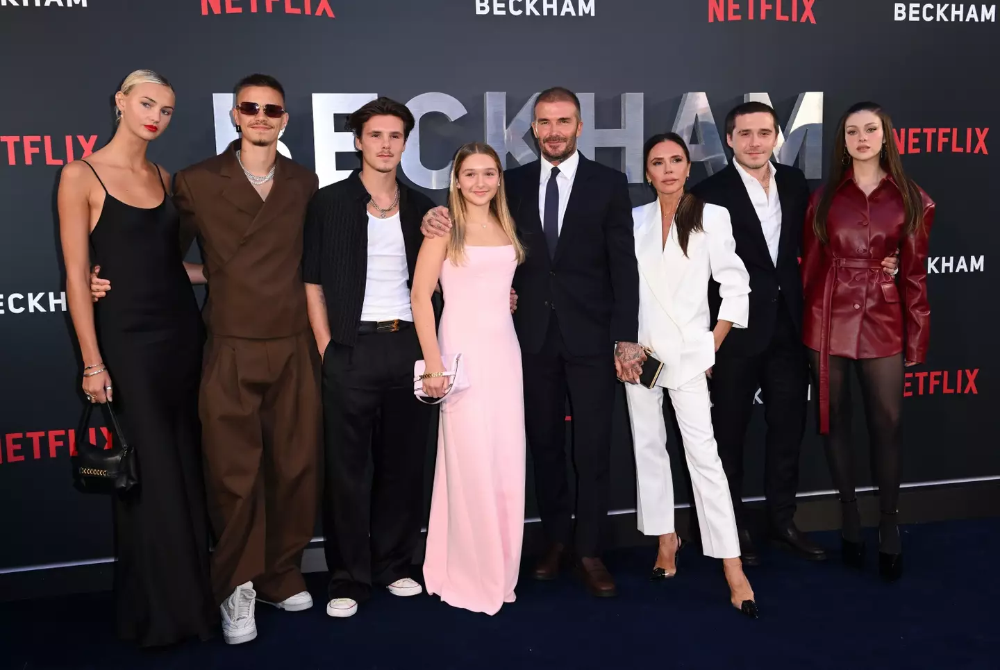 Mia Regan, Romeo Beckham, Cruz Beckham, Harper Beckham, David Beckham, Victoria Beckham, Brooklyn Beckham and Nicola Peltz attend the Netflix 'Beckham' UK Premiere.