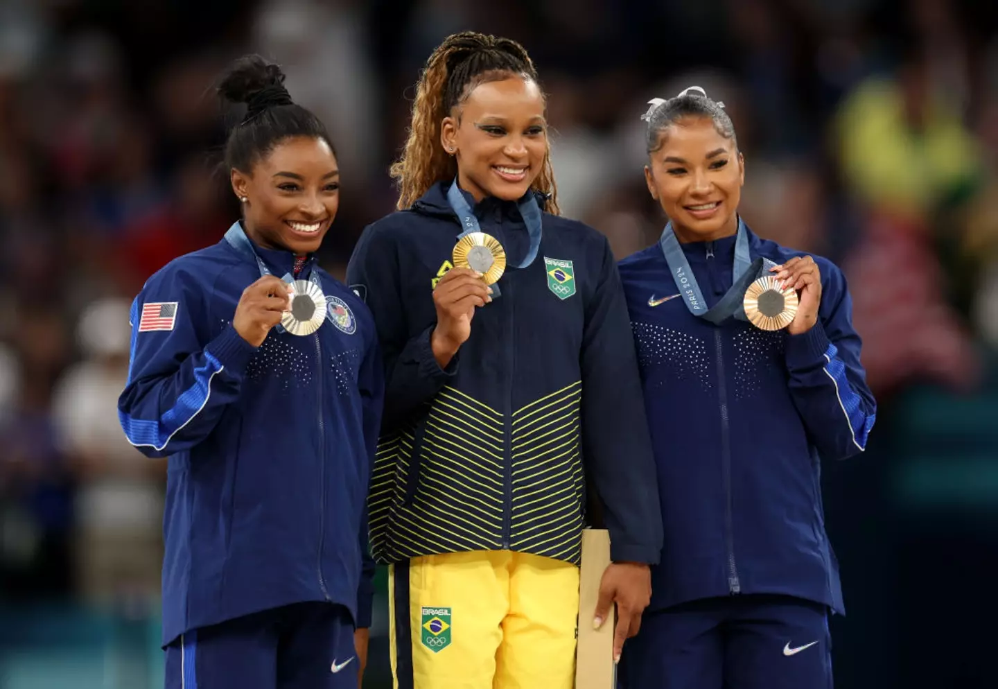 Brazil's Rebeca Andrade won the gold medal, while Biles and Chiles took home the silver and bronze. (Jamie Squire/Getty Images)