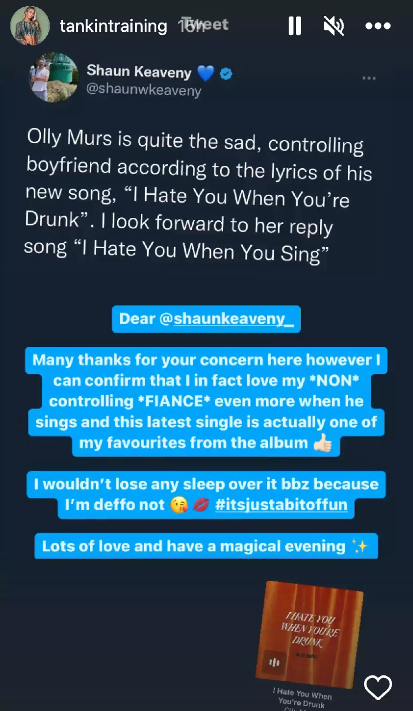 Murs' fiancée, bodybuilder Amelia Tank addressed the backlash to the song's lyrics on her Instagram.