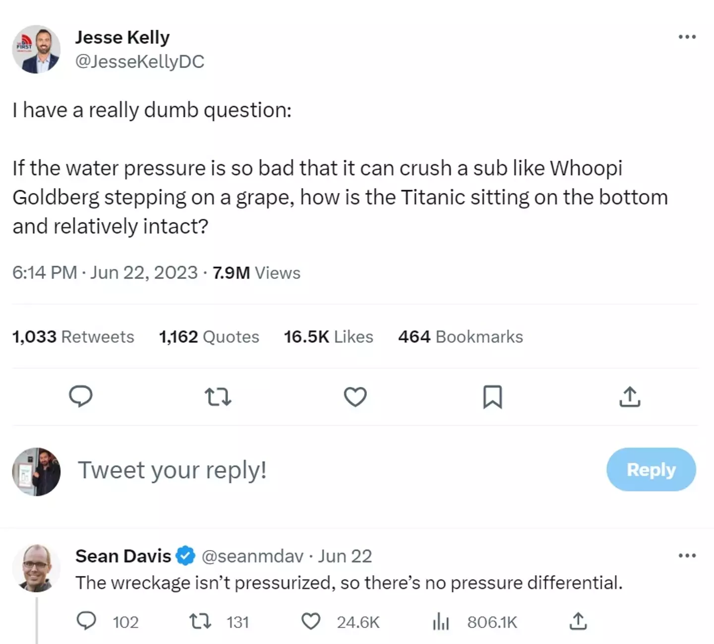 If you want to know why water pressure didn't crush the Titanic look no further than Sean's answer. Thanks Sean!