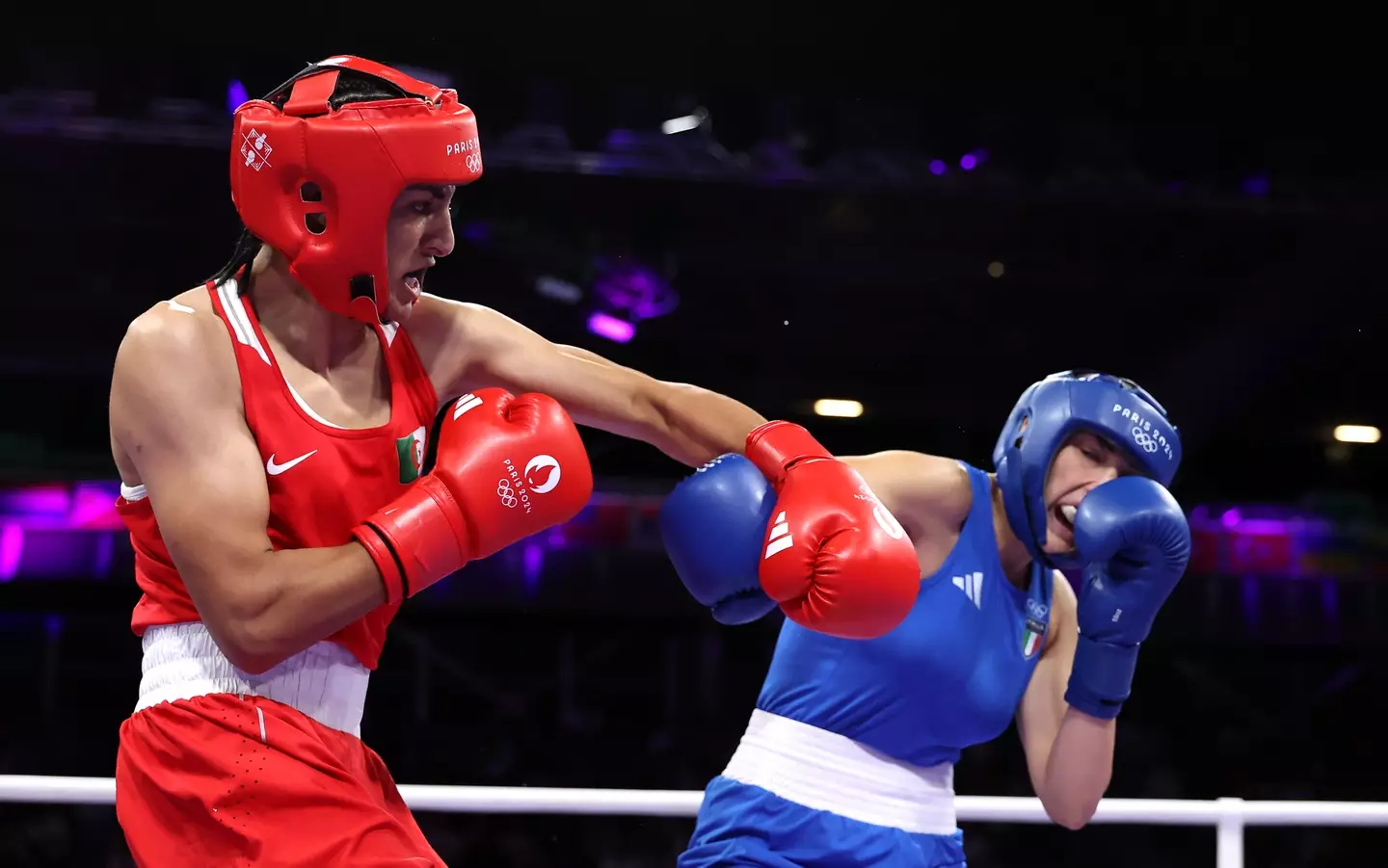 Imane Khelif boxing against Angela Carini, who withdrew after 46 seconds. (Richard Pelham/Getty Images)