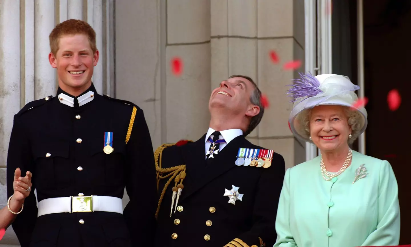 Prince Harry, Prince Andrew and Queen Elizabeth ll in 2005.