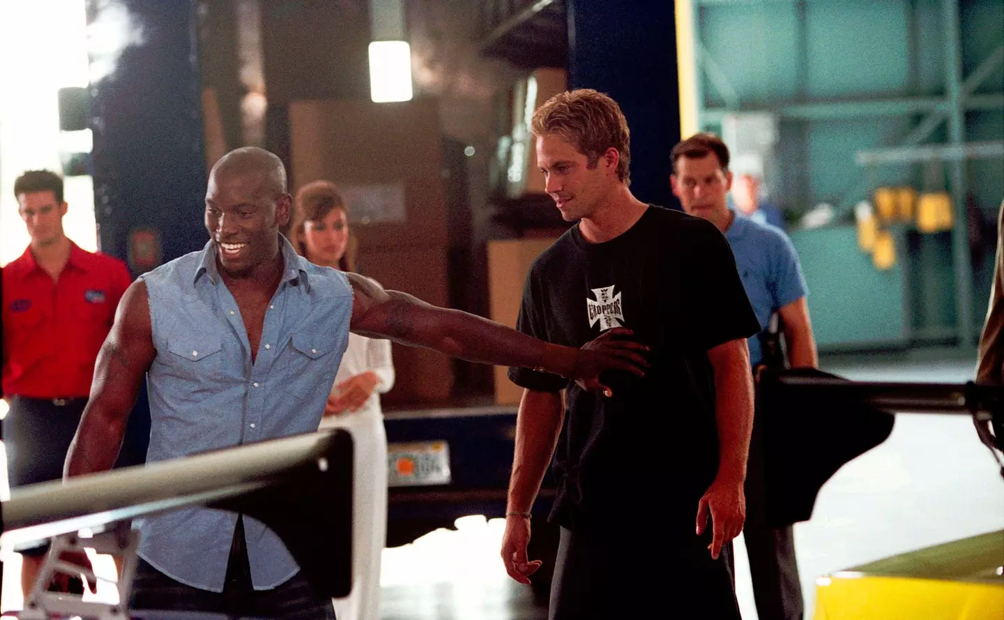 Paul Walker and Tyrese Gibson on the set of 2 Fast 2 Furious in 2003.