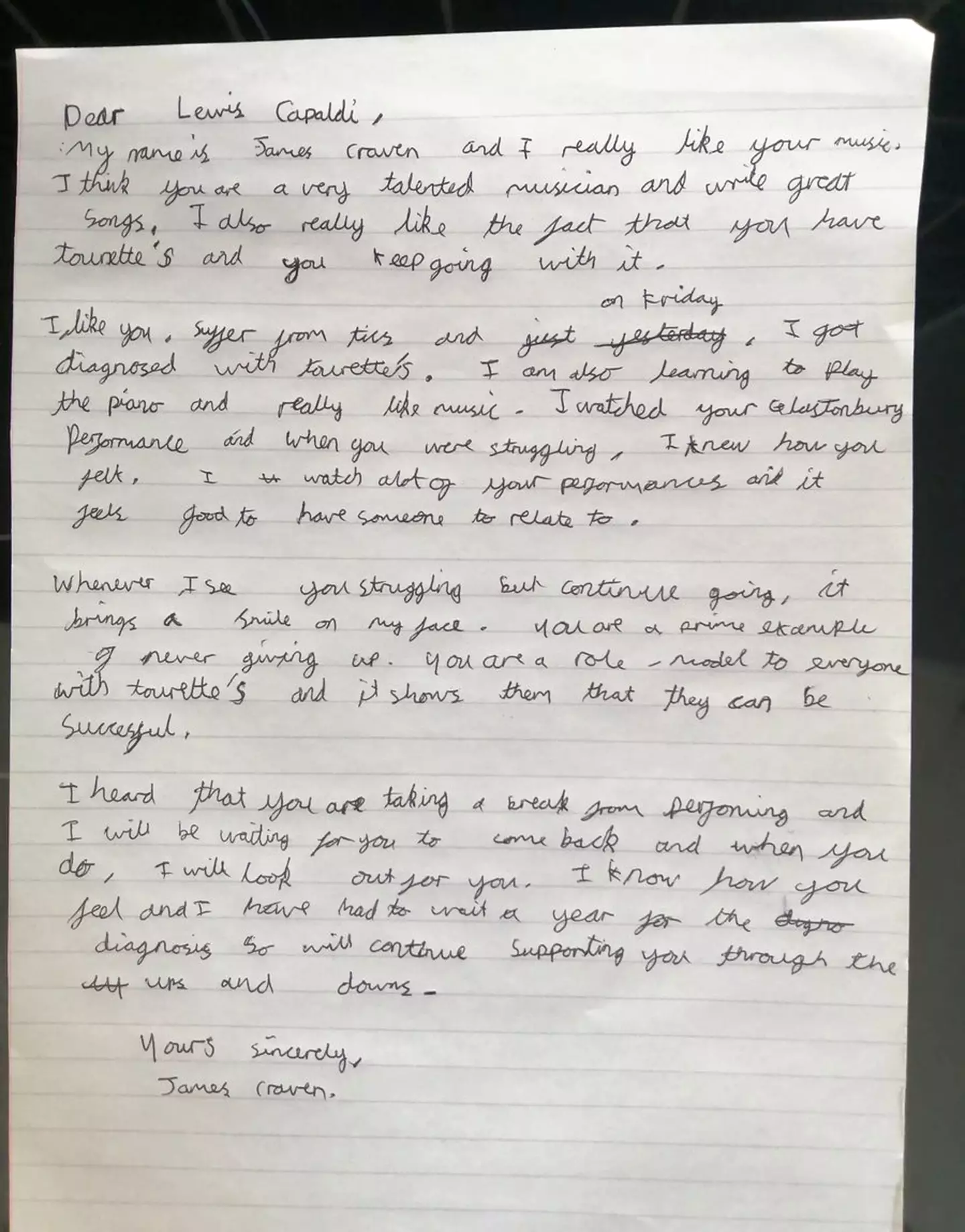 James' handwritten letter to Lewis Capaldi.