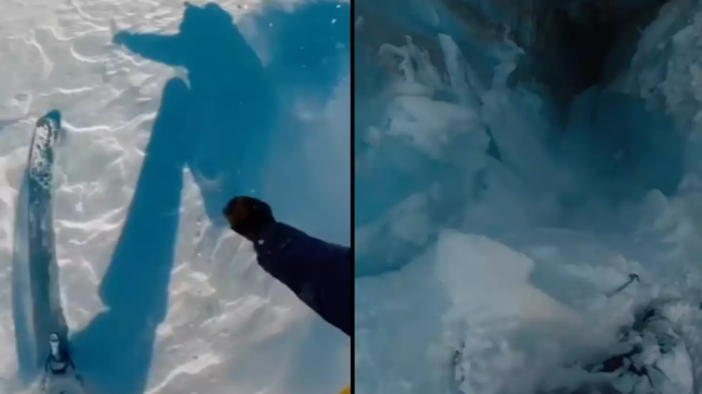 Skier captures terrifying moment he escapes death plunging into a glacier crack