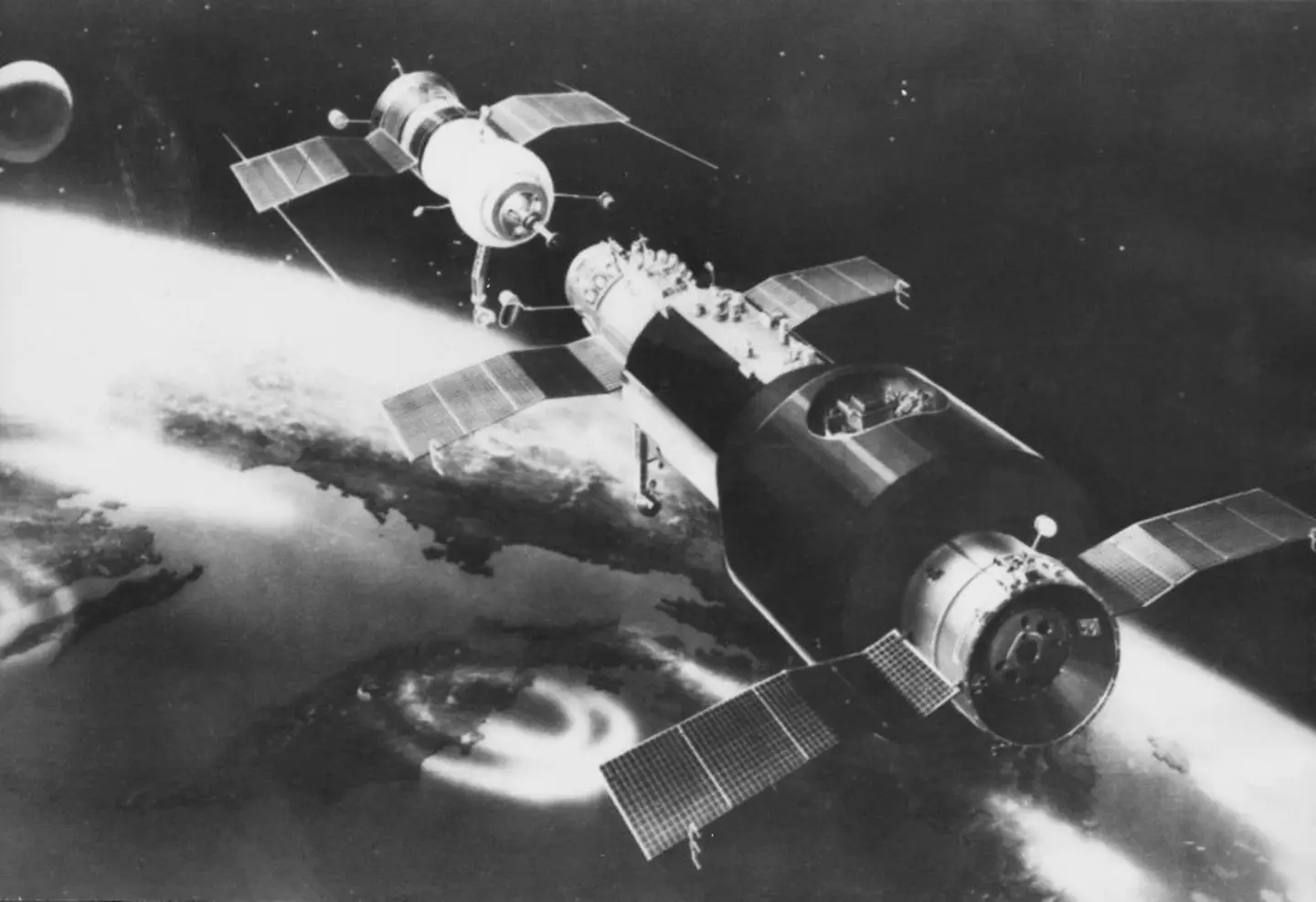 An artist's impression of the Russian Soyuz 11 spacecraft linking up with the Salyut 1 space station (Keystone/Hulton Archive/Getty Images)