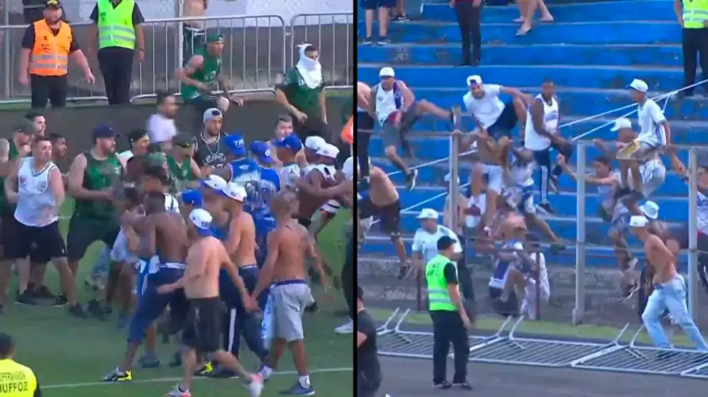 Shocking moment 100-man brawl breaks out between fans who invaded football pitch